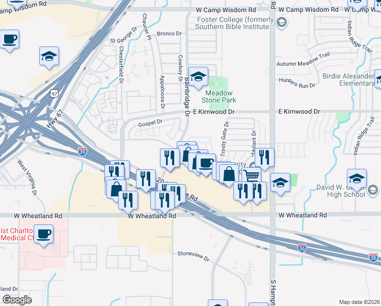 map of restaurants, bars, coffee shops, grocery stores, and more near 2722 Bishop Allen Lane in Dallas