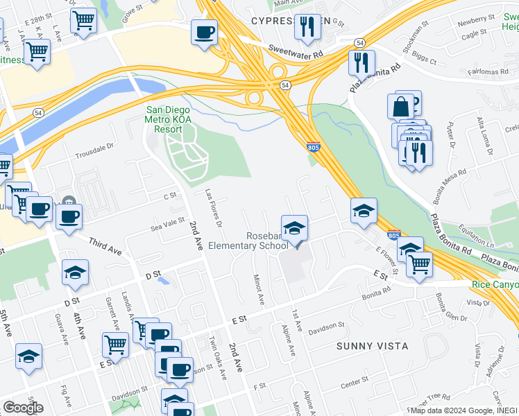 map of restaurants, bars, coffee shops, grocery stores, and more near 60 1st Avenue in Chula Vista
