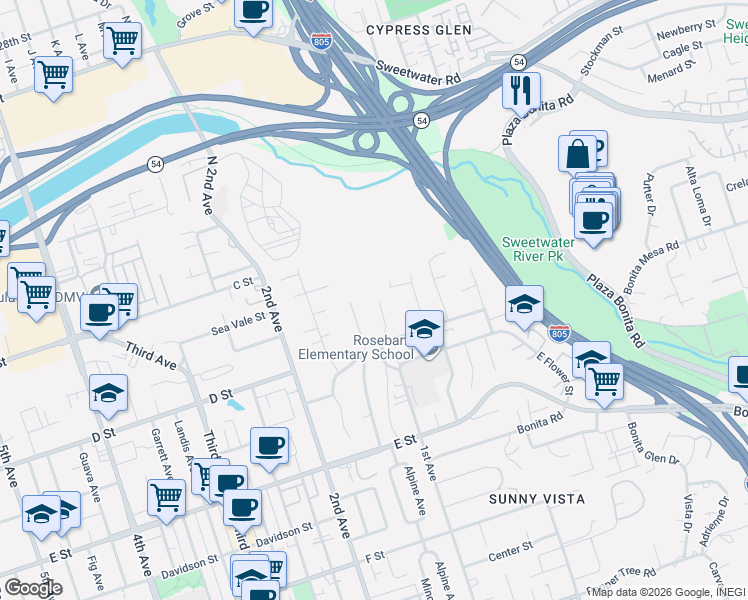 map of restaurants, bars, coffee shops, grocery stores, and more near 60 1st Avenue in Chula Vista