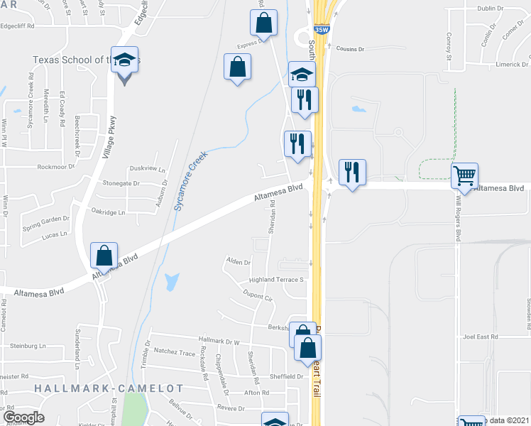 map of restaurants, bars, coffee shops, grocery stores, and more near 205 Avon Street in Fort Worth