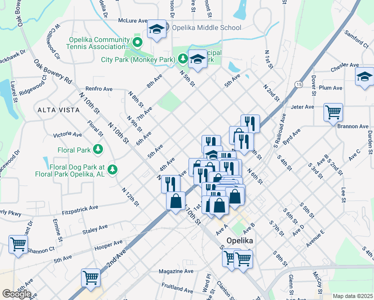 map of restaurants, bars, coffee shops, grocery stores, and more near 315 North 8th Street in Opelika