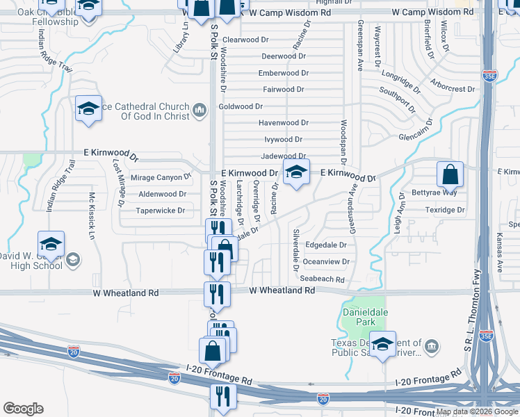 map of restaurants, bars, coffee shops, grocery stores, and more near 7850 Overridge Drive in Dallas