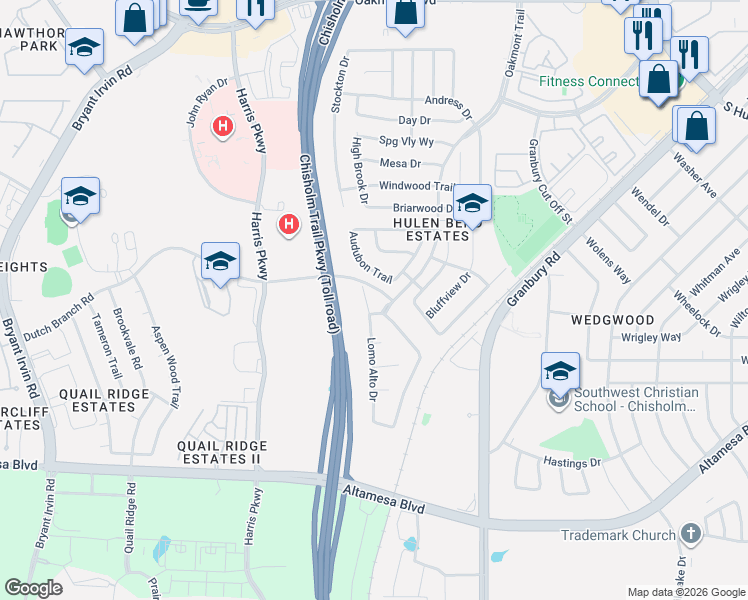 map of restaurants, bars, coffee shops, grocery stores, and more near 6917 Lomo Alto Drive in Fort Worth
