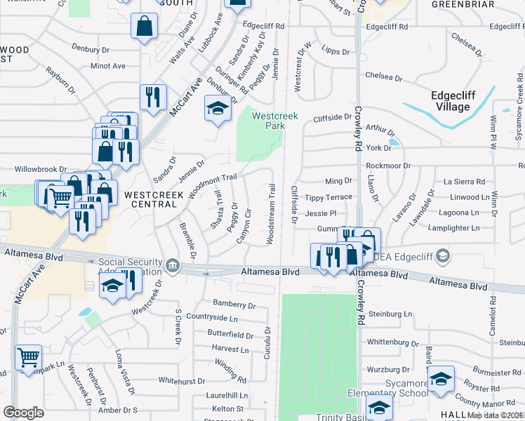 map of restaurants, bars, coffee shops, grocery stores, and more near 2308 Dawn Court in Fort Worth