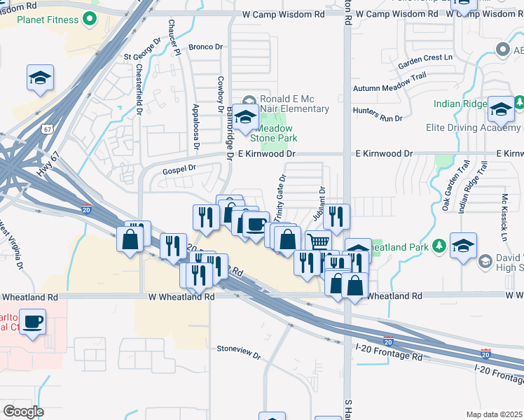 map of restaurants, bars, coffee shops, grocery stores, and more near 7963 Harmony Creek Road in Dallas