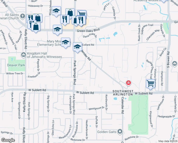 map of restaurants, bars, coffee shops, grocery stores, and more near 5800 Teal Ridge Drive in Arlington