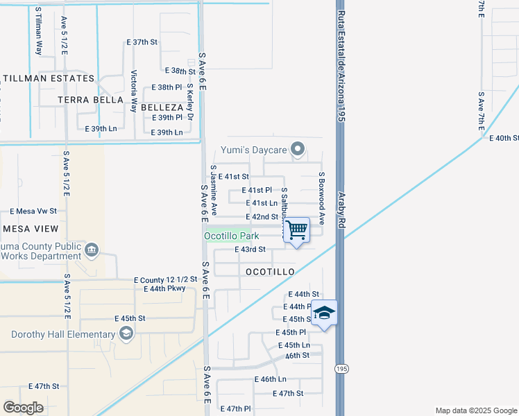map of restaurants, bars, coffee shops, grocery stores, and more near 6219 E 41st Ln in Yuma