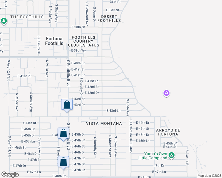 map of restaurants, bars, coffee shops, grocery stores, and more near 13381 East 42nd Street in Yuma