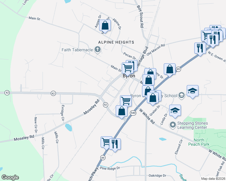 map of restaurants, bars, coffee shops, grocery stores, and more near 104 Jackson Street in Byron