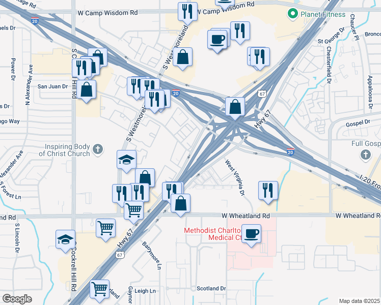 map of restaurants, bars, coffee shops, grocery stores, and more near 7905 Highway 67 in Dallas