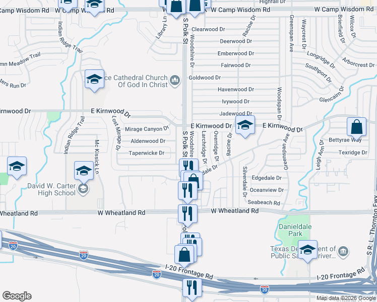 map of restaurants, bars, coffee shops, grocery stores, and more near 7855 Woodshire Drive in Dallas