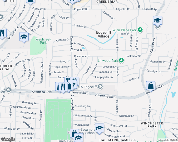 map of restaurants, bars, coffee shops, grocery stores, and more near 6409 Lavano Drive in Fort Worth