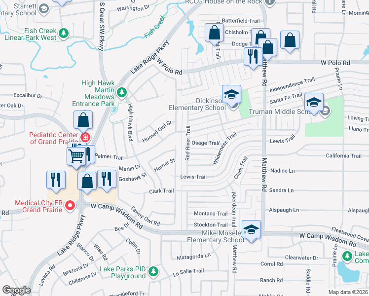 map of restaurants, bars, coffee shops, grocery stores, and more near 5026 Red River Trail in Grand Prairie
