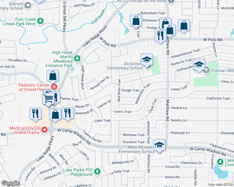 map of restaurants, bars, coffee shops, grocery stores, and more near 5026 Red River Trail in Grand Prairie