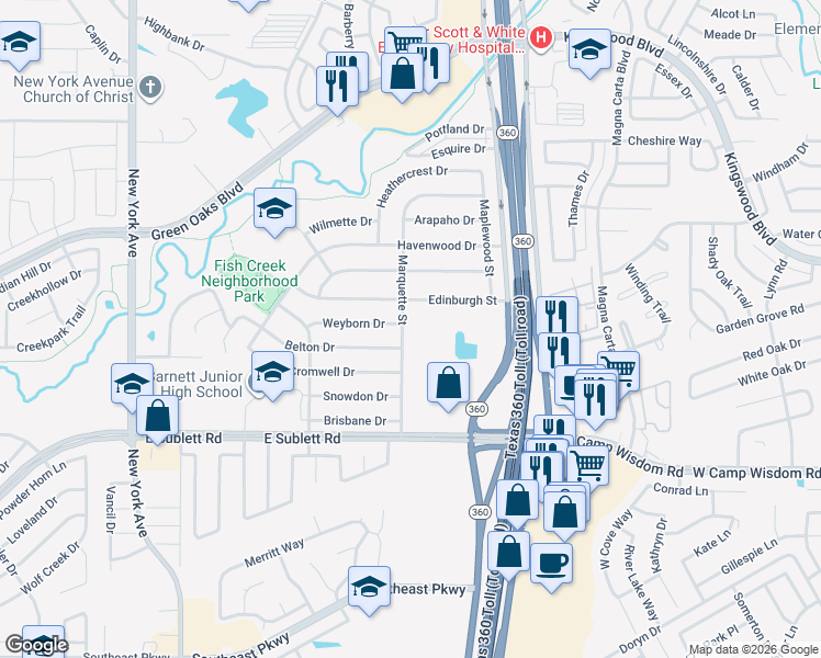 map of restaurants, bars, coffee shops, grocery stores, and more near 5711 Marquette Street in Arlington