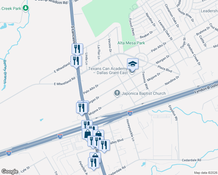 map of restaurants, bars, coffee shops, grocery stores, and more near 2647 Morgan Drive in Dallas