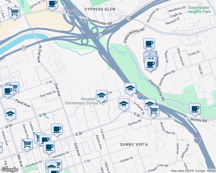 map of restaurants, bars, coffee shops, grocery stores, and more near 79 Vista Way in Chula Vista