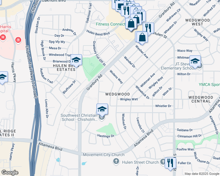 map of restaurants, bars, coffee shops, grocery stores, and more near 6512 Westrock Drive in Fort Worth