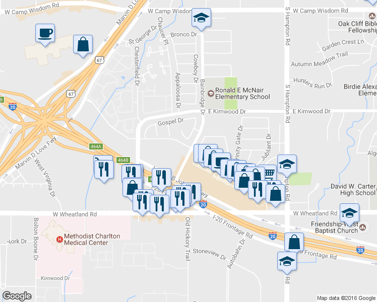 map of restaurants, bars, coffee shops, grocery stores, and more near 3400 Bainbridge Drive in Dallas