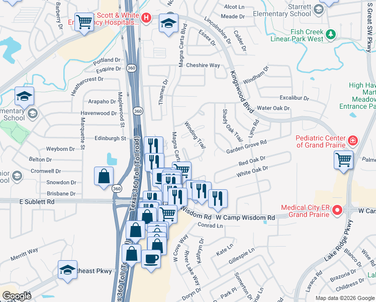 map of restaurants, bars, coffee shops, grocery stores, and more near 4932 Steeple Chase Court in Grand Prairie