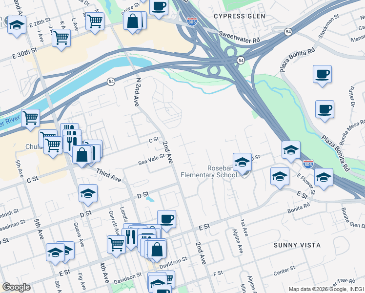 map of restaurants, bars, coffee shops, grocery stores, and more near 30 Las Flores Drive in Chula Vista