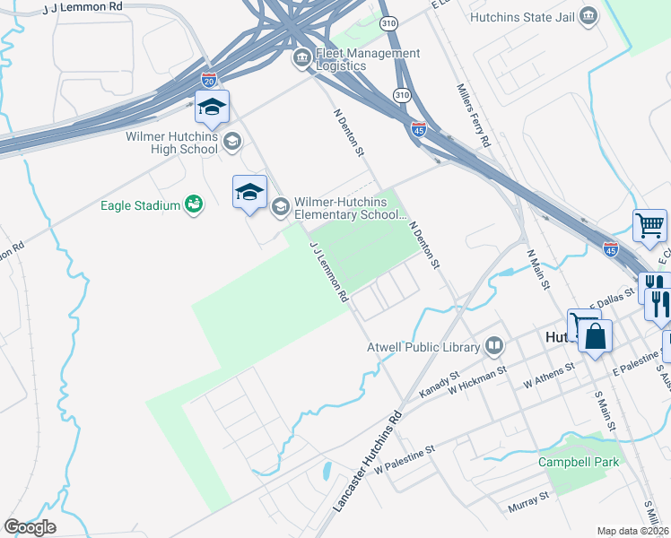 map of restaurants, bars, coffee shops, grocery stores, and more near 912 Sunrise Ln in Hutchins