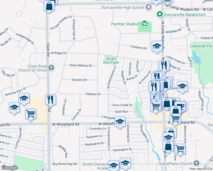 map of restaurants, bars, coffee shops, grocery stores, and more near 135 North Greenstone Lane in Duncanville