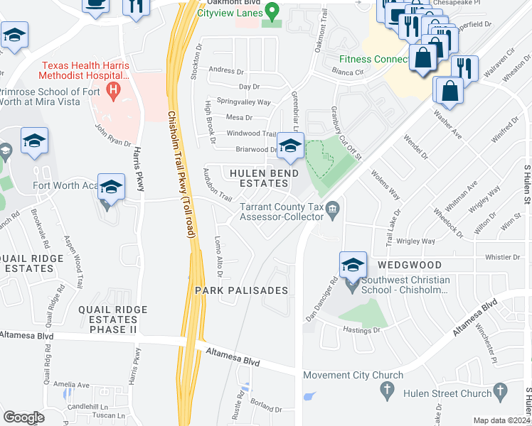 map of restaurants, bars, coffee shops, grocery stores, and more near 6724 Bluffview Drive in Fort Worth