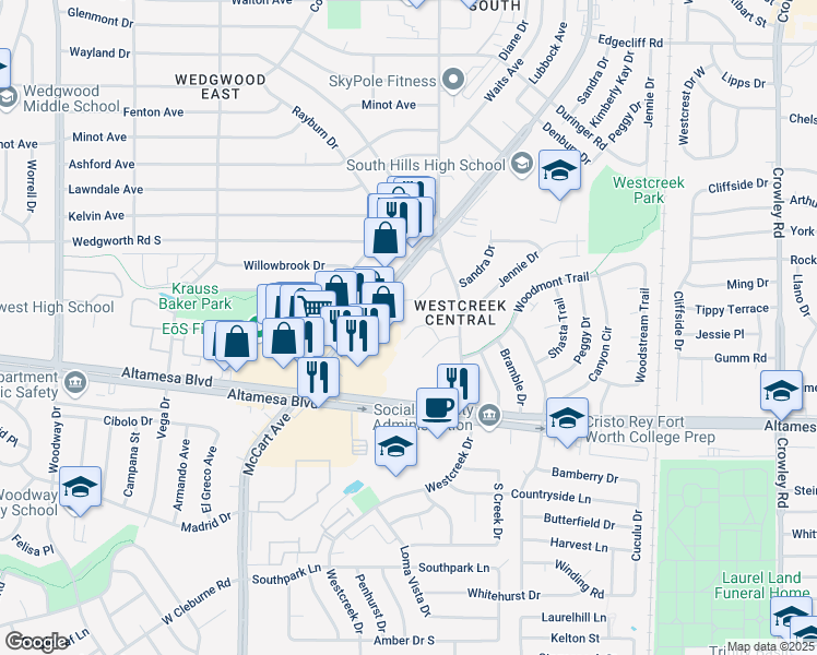 map of restaurants, bars, coffee shops, grocery stores, and more near 3236 Indio Street in Fort Worth