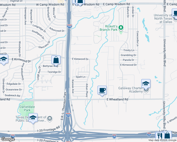 map of restaurants, bars, coffee shops, grocery stores, and more near 7751 Arkan Parkway in Dallas