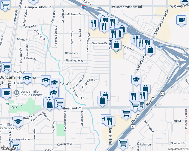 map of restaurants, bars, coffee shops, grocery stores, and more near 728 East Center Street in Duncanville