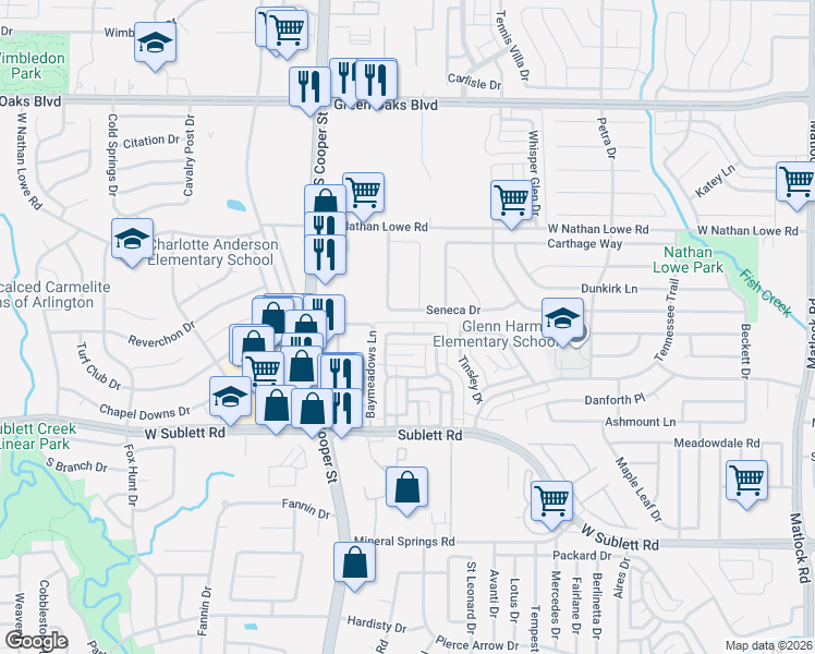 map of restaurants, bars, coffee shops, grocery stores, and more near 1123 Rimcrest Drive in Arlington