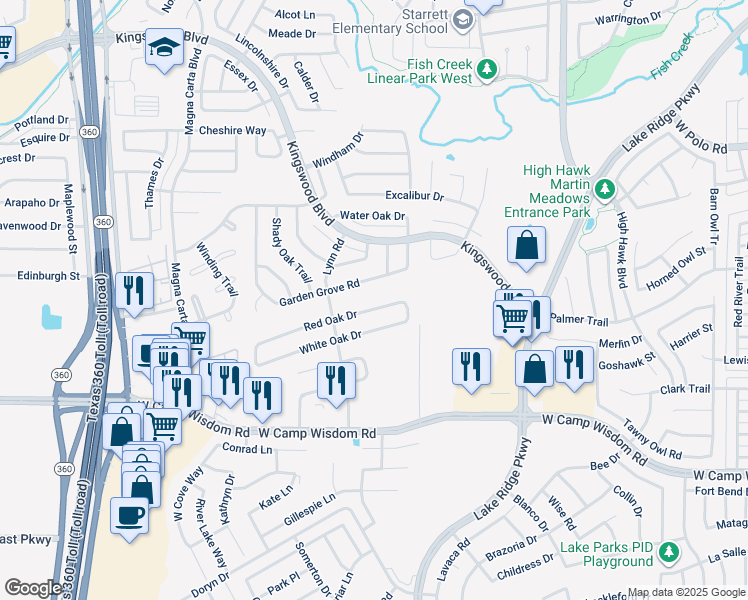 map of restaurants, bars, coffee shops, grocery stores, and more near 2722 Red Oak Drive in Grand Prairie