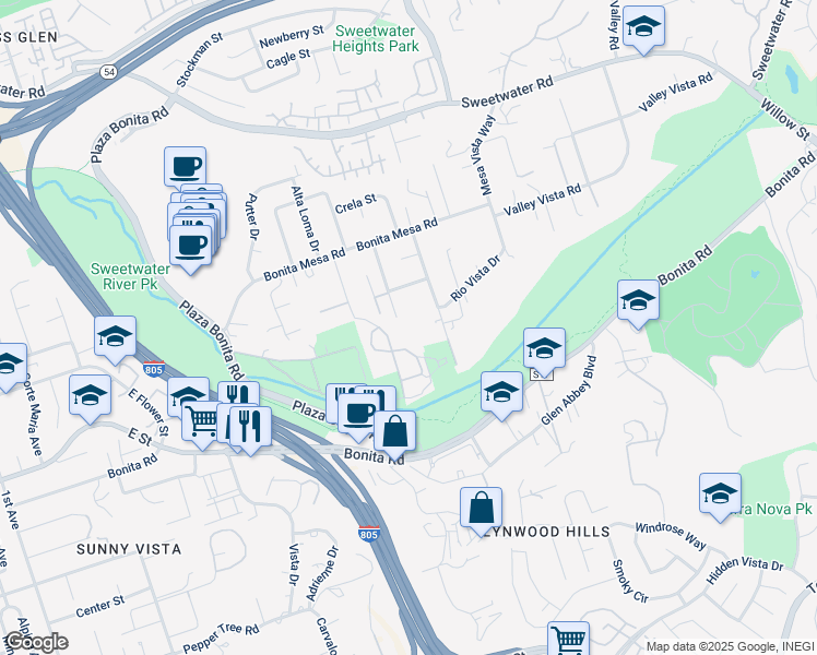map of restaurants, bars, coffee shops, grocery stores, and more near 3945 Alta Loma Drive in Bonita