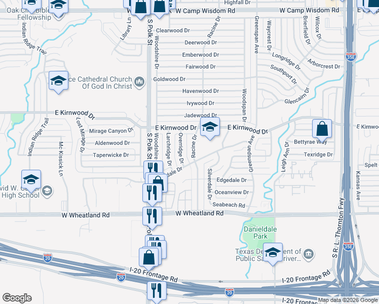 map of restaurants, bars, coffee shops, grocery stores, and more near 7850 Overridge Drive in Dallas
