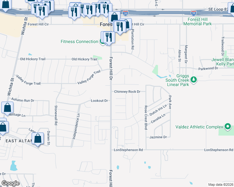 map of restaurants, bars, coffee shops, grocery stores, and more near 3408 Chimney Rock Drive in Forest Hill
