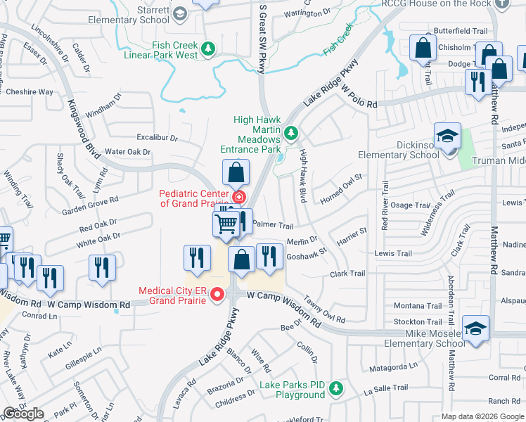 map of restaurants, bars, coffee shops, grocery stores, and more near 4939 Eyrie Court in Grand Prairie