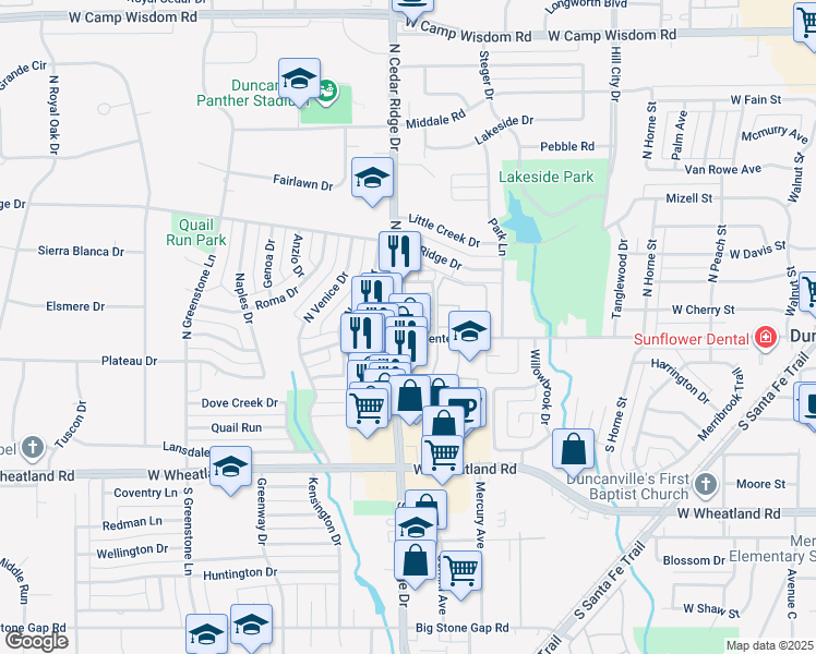 map of restaurants, bars, coffee shops, grocery stores, and more near 102 North Cedar Ridge Drive in Duncanville