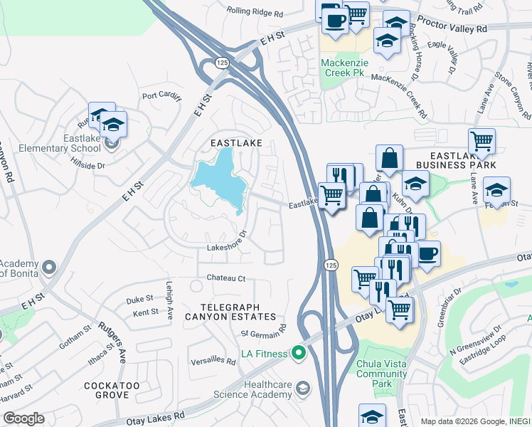 map of restaurants, bars, coffee shops, grocery stores, and more near 2140 Waterside Drive in Chula Vista