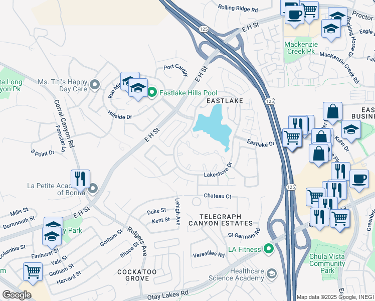 map of restaurants, bars, coffee shops, grocery stores, and more near 730 Brookstone Road in Chula Vista
