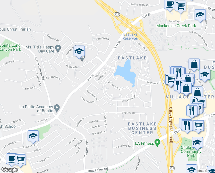 map of restaurants, bars, coffee shops, grocery stores, and more near 2001 Lakeridge Circle in Chula Vista