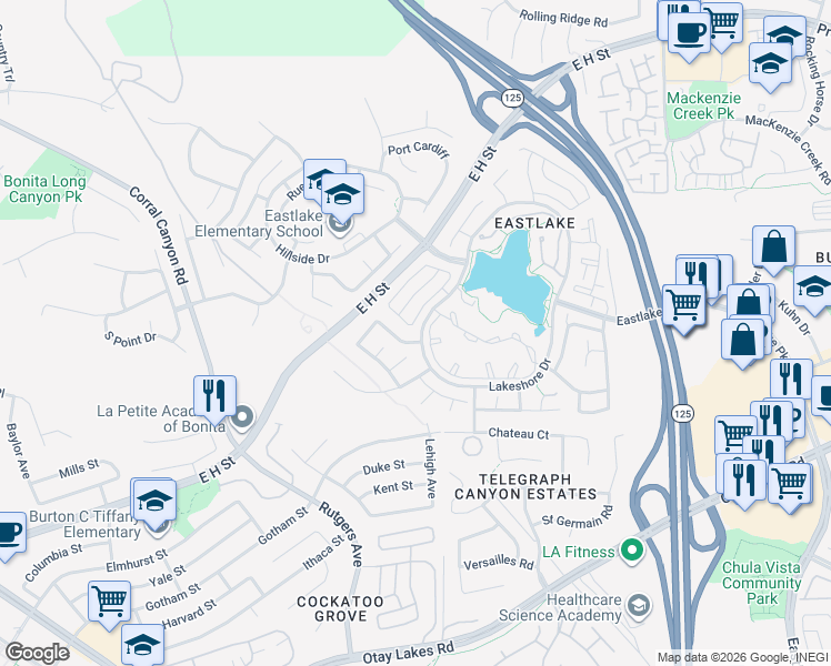 map of restaurants, bars, coffee shops, grocery stores, and more near 2001 Lakeridge Circle in Chula Vista