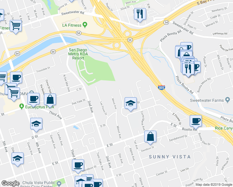map of restaurants, bars, coffee shops, grocery stores, and more near 60 1st Avenue in Chula Vista