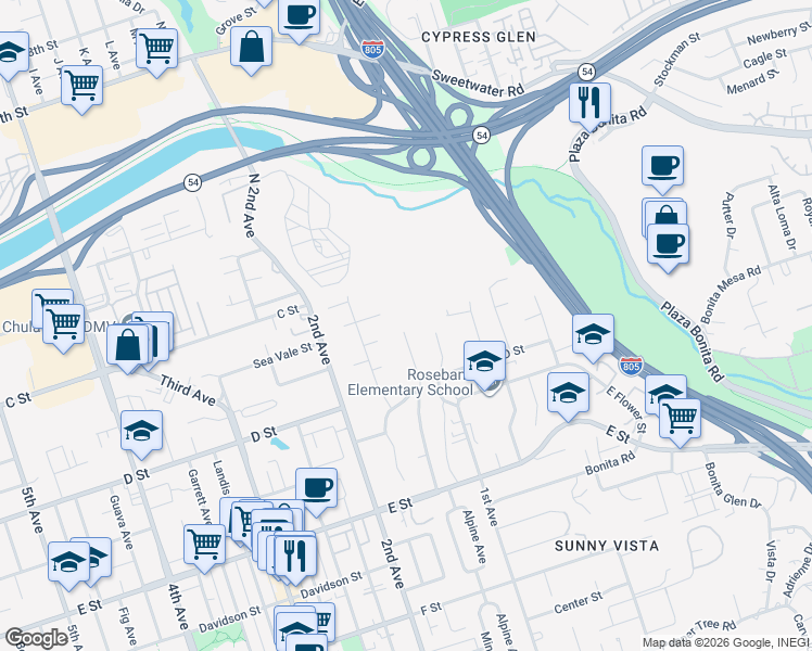 map of restaurants, bars, coffee shops, grocery stores, and more near 46 Minot Avenue in Chula Vista