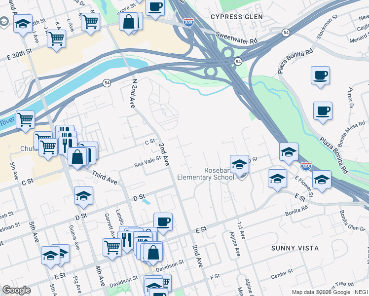 map of restaurants, bars, coffee shops, grocery stores, and more near 30 Las Flores Drive in Chula Vista
