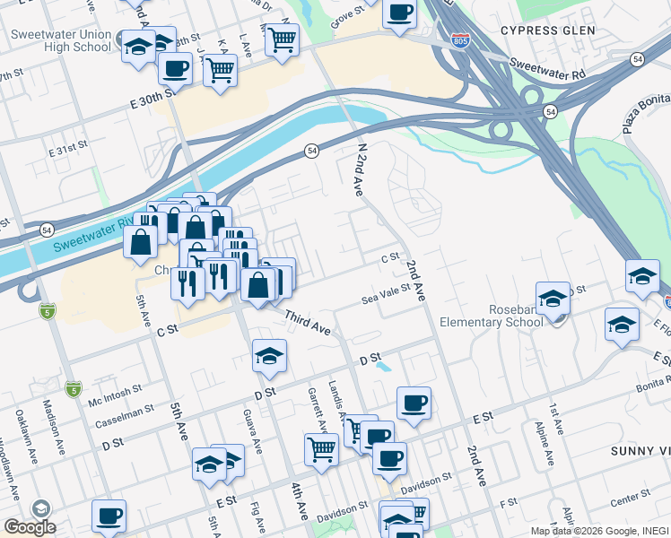 map of restaurants, bars, coffee shops, grocery stores, and more near 1 Corso Di Italia in Chula Vista