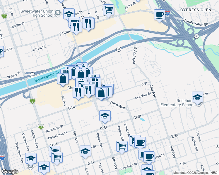 map of restaurants, bars, coffee shops, grocery stores, and more near 12 Via Barberini in Chula Vista