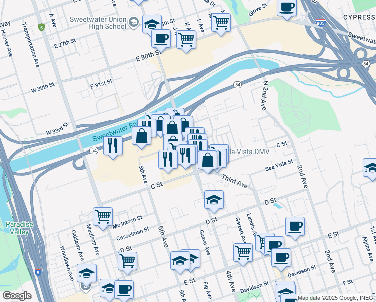 map of restaurants, bars, coffee shops, grocery stores, and more near 45 North 4th Avenue in Chula Vista