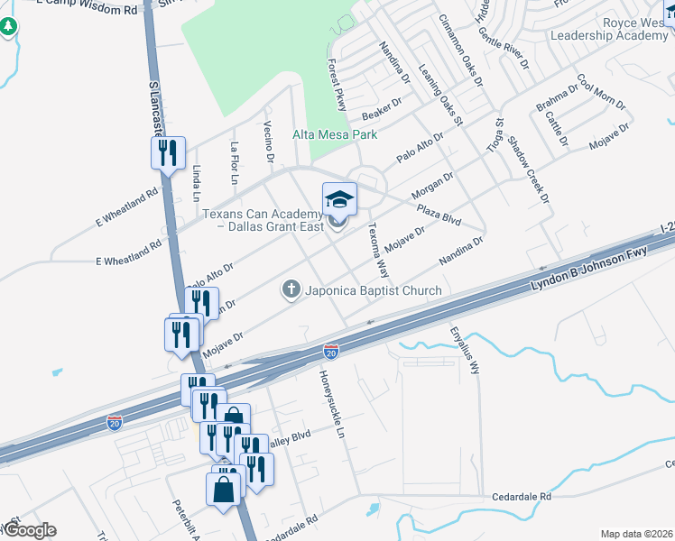 map of restaurants, bars, coffee shops, grocery stores, and more near 2805 Mojave Drive in Dallas