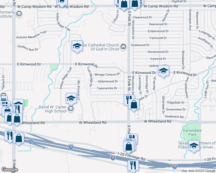 map of restaurants, bars, coffee shops, grocery stores, and more near 1315 Taperwicke Drive in Dallas